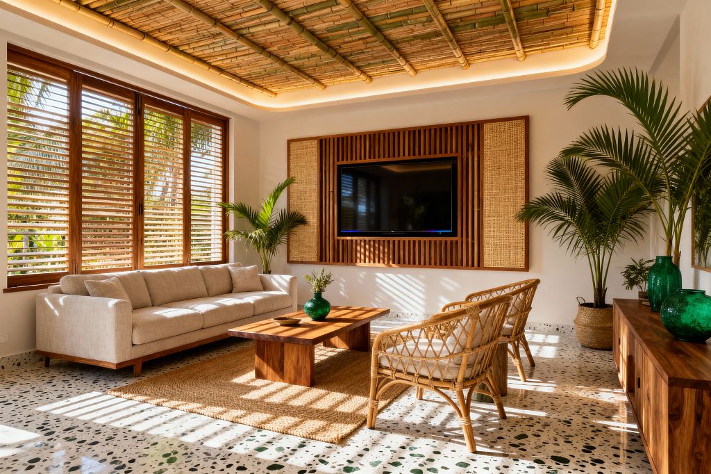 Bright tropical media room with a bamboo ceiling and warm cove lighting centers on a slatted wood media wall with woven cane framing a flat-screen TV, while large wood-louvered windows cast striped light onto a white terrazzo floor. A beige linen sofa faces a solid hardwood coffee table and two rattan lounge chairs, with potted palms, a jute-textured rug, and green glass vases completing the breezy, resort feel.