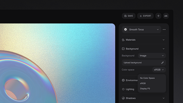 The image displays a user interface for a 3D modeling or design application, featuring options for background settings and color space selection.