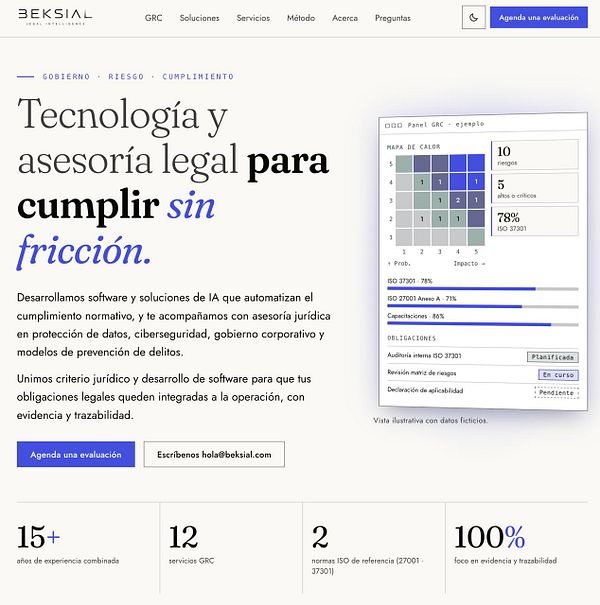 Landing page of Beksial, a legal intelligence company, showcasing AI-driven legal advisory and compliance software for governance, risk, and compliance (GRC).