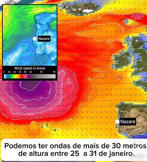 A weather map indicating high wave conditions expected in Nazaré, Portugal.