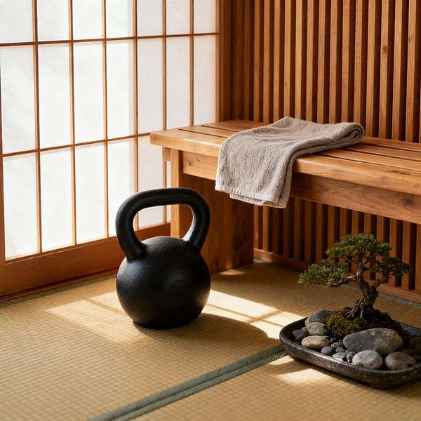 A serene home gym corner features shoji screens casting diffused light onto a tatami floor with green-edged seams. A matte black kettlebell sits beside a solid wood bench holding a folded beige towel, backed by a vertical wood slat wall. A small bonsai in a black ceramic tray with smooth gray river stones rests on the floor, forming a minimalist Japanese Zen setting in warm natural tones.