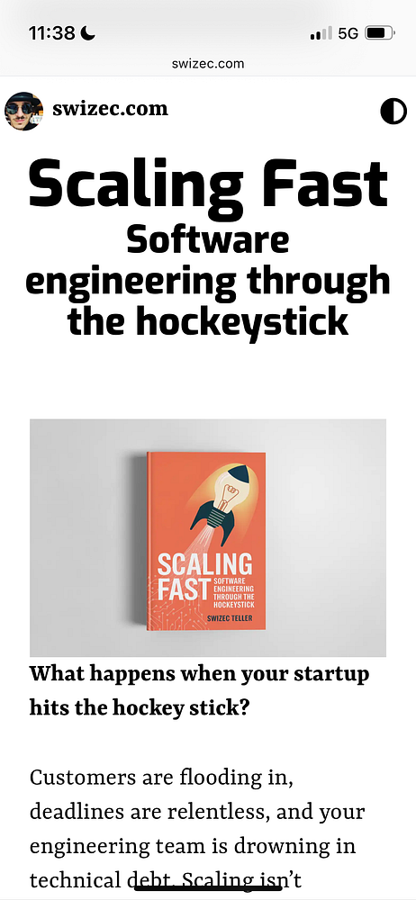 The image features a landing page for the book 'Scaling Fast' by Swizec Teller.