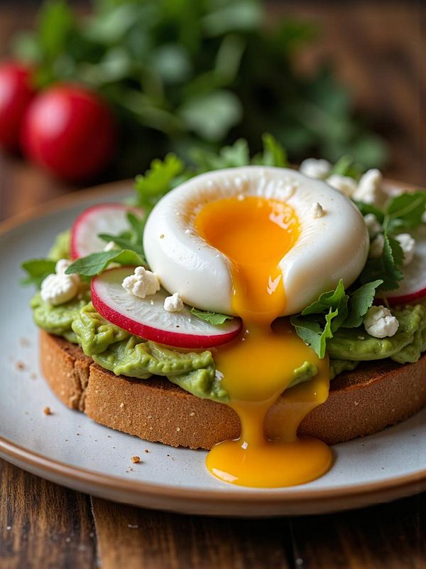 A beautifully arranged open-faced sandwich topped with a poached egg, avocado, radishes, and herbs.