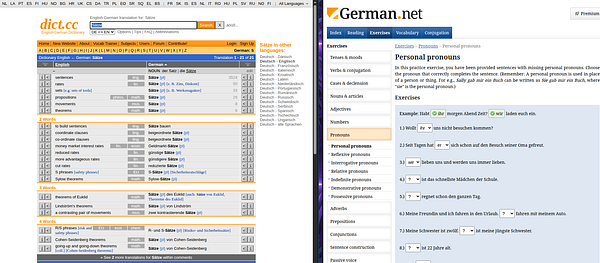The image displays two language learning resources focused on German vocabulary and grammar exercises.