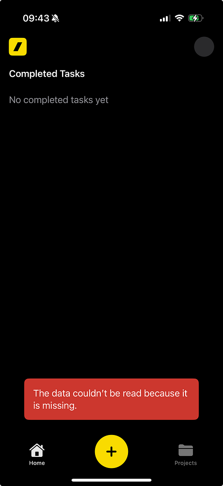 The image displays a mobile app interface showing a 'Completed Tasks' section with an error message.
