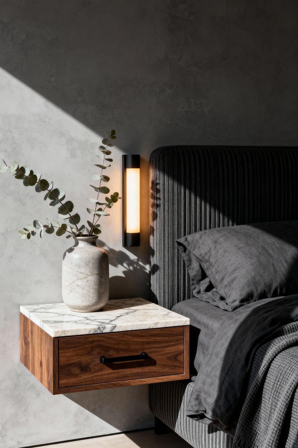 Close-up of a modern bedroom corner featuring a floating walnut nightstand with a white marble top and a stoneware vase holding eucalyptus branches against a warm gray plaster wall. Beside it, a charcoal ribbed-upholstered headboard with dark gray linen bedding sits under a slim cylindrical wall sconce, while angled sunlight cuts across the surfaces, casting sharp shadows that highlight the clean lines and tactile textures.