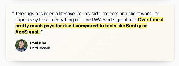 A testimonial highlighting the benefits of Telebugs from a user named Paul Kim.