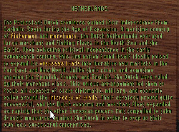 The image displays a historical text about the Netherlands during the Age of Expansion in a video game interface.