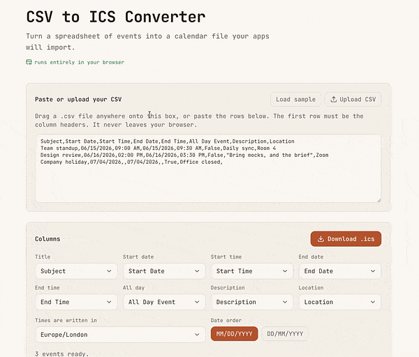 Screenshot of a CSV to ICS Converter web tool interface showing input, output sections, and action buttons.