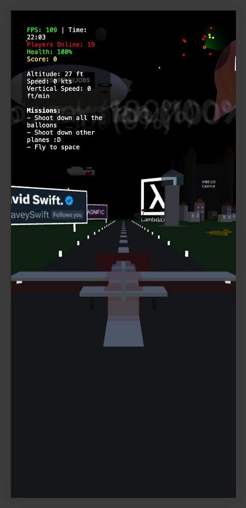 A mobile game interface displaying flight simulation statistics and missions.