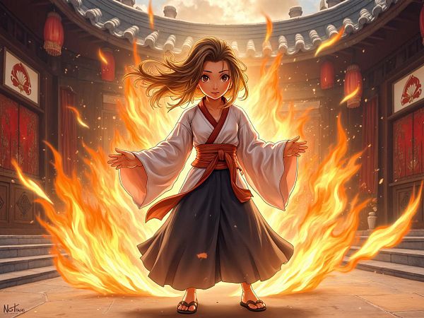 A young anime character stands confidently amidst flames in a traditional setting.