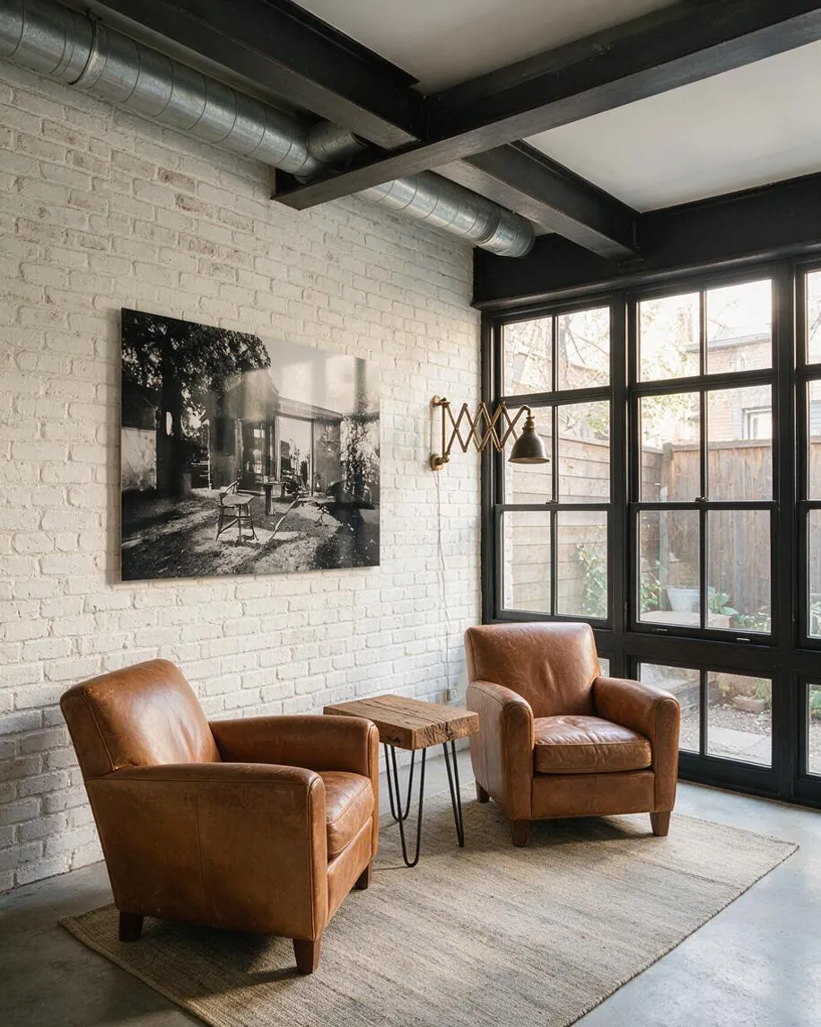 A compact backyard sitting area with two tan leather armchairs on a neutral rug, centered around a rustic wood side table. The space features a white-painted brick wall, black steel-framed windows and ceiling beams, exposed ductwork, and a brass swing-arm wall lamp, with daylight filtering in from the outdoor view.