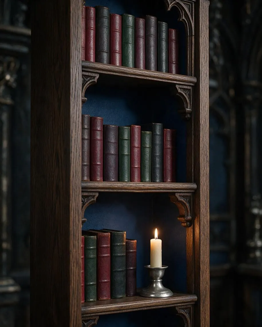 A tall wooden bookcase styled in Gothic fashion holds rows of leather-bound books in deep burgundy, green, and charcoal tones. Decorative carved brackets frame each shelf, and a small lit candle in a metal holder adds a warm glow against the dark blue back panel.