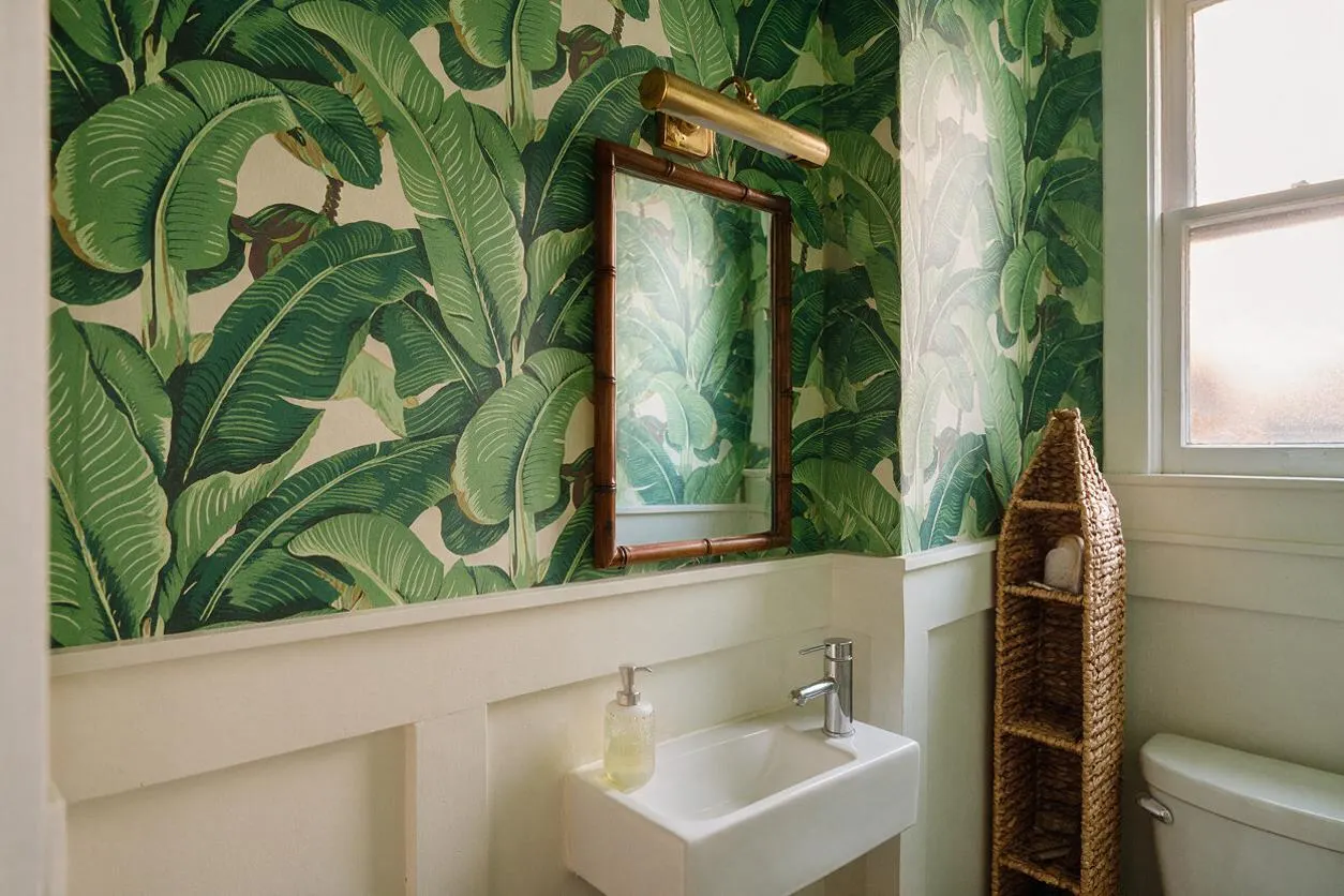 A tropical-style powder room with bold banana leaf wallpaper covering the upper walls, paired with white wainscoting below. The space includes a small wall-mounted white sink, a rectangular mirror with a bamboo frame, a brass picture light above, a woven rattan shelving unit, and a frosted window bringing in soft daylight.