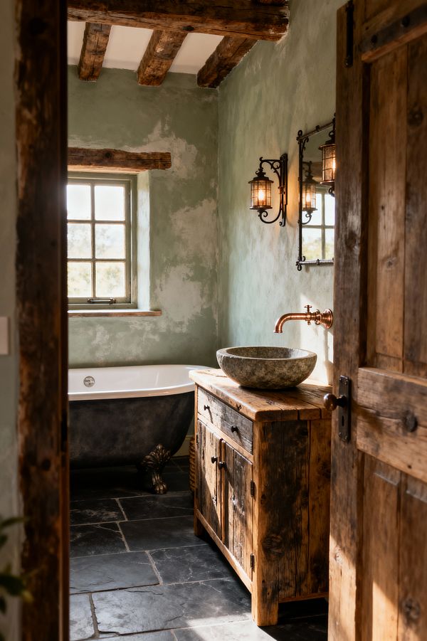 A rustic bathroom features sage green limewashed plaster walls, rough-hewn ceiling beams, and a weathered wood door opening to a reclaimed wood vanity with a round stone vessel sink and a wall-mounted copper faucet. To the left sits a blackened clawfoot tub with a white interior, set on charcoal slate tiles; wrought-iron lantern sconces with glass shades flank a mirror, while a small-paned window with a timber lintel brings in warm natural light.