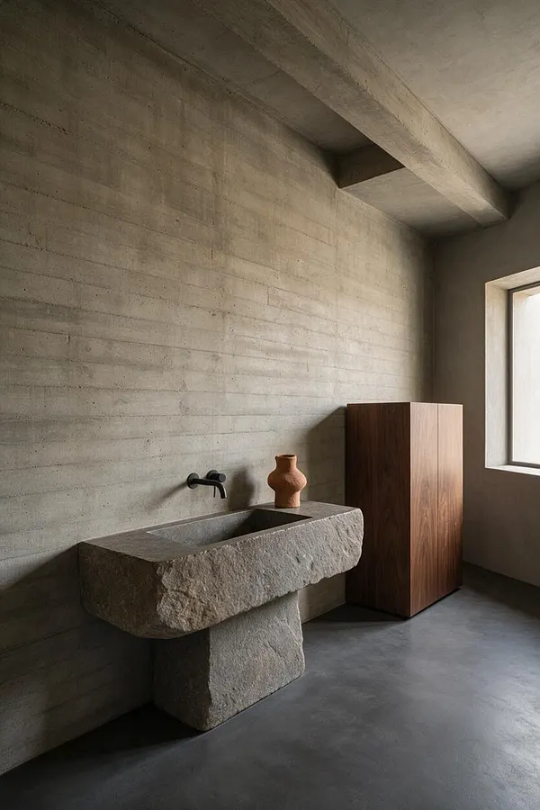 A Brutalist powder room with exposed concrete walls and ceiling, featuring a sculptural stone sink with a dark wall-mounted faucet. A warm wood cabinet stands near a bright window, and the space has a minimal, earthy palette with a smooth gray floor.