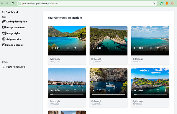 The image displays a dashboard interface showcasing generated animations for property descriptions.