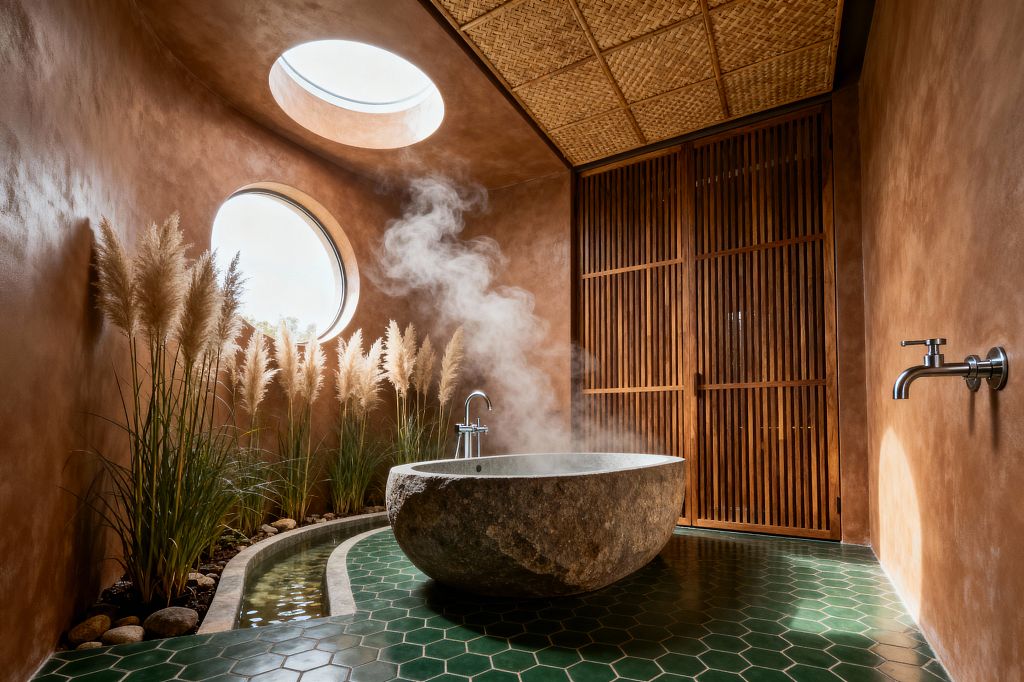 A spa-like bathroom features a steaming carved stone soaking tub on a deep green hexagonal tile floor. Earthen terracotta walls curve to a circular skylight and round window, while a planted bed of tall pampas grass, river pebbles, and a narrow water channel lines one side; opposite, slatted wood screen doors and a woven rattan ceiling add warmth, complemented by simple brushed stainless steel faucets.