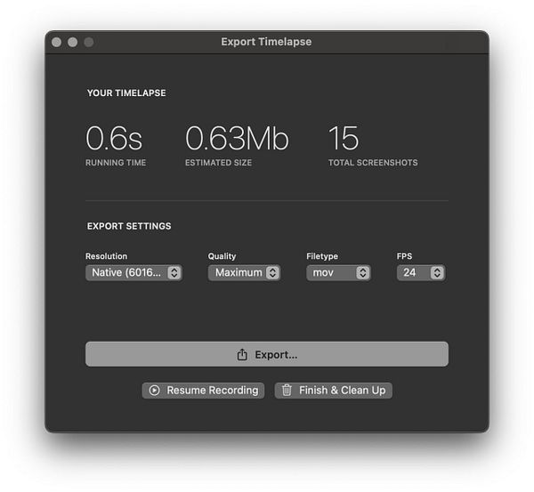 The image displays an export screen for a timelapse video with various settings and information.
