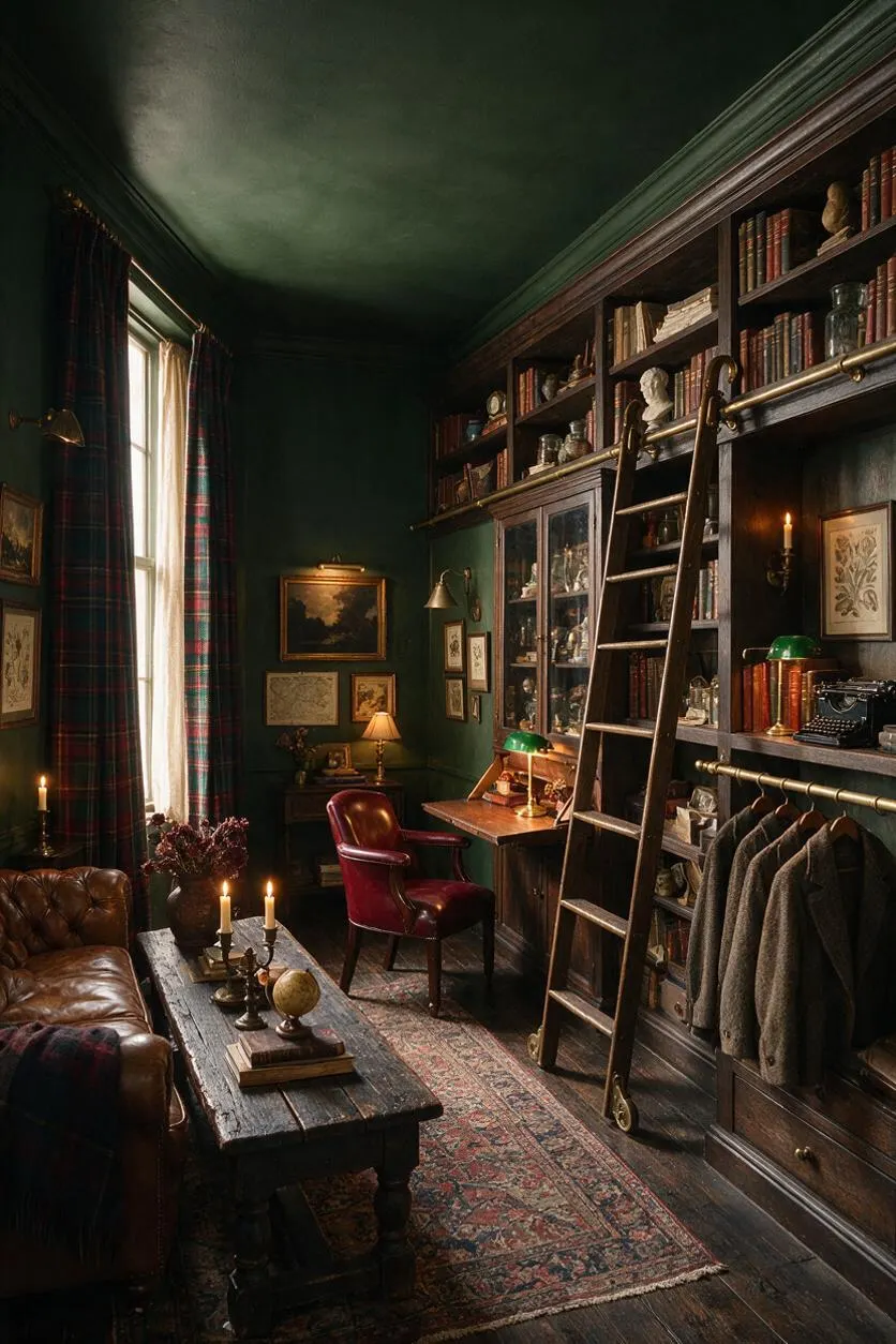 A narrow studio apartment styled like a dark academia library, with deep green walls and ceiling, a wall of dark built-in bookshelves, and a rolling ladder. A worn leather sofa, burgundy chair, rustic wood coffee table, candles, plaid curtains, and vintage desk create a scholarly, intimate atmosphere.
