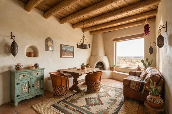 A Southwestern-style sunroom with thick adobe walls, a wood beam ceiling, and a large picture window overlooking a desert landscape. The room features a carved wood dining table, leather chairs, a patterned rug, a turquoise painted cabinet, lantern-style wall sconces, and a kiva-style fireplace.