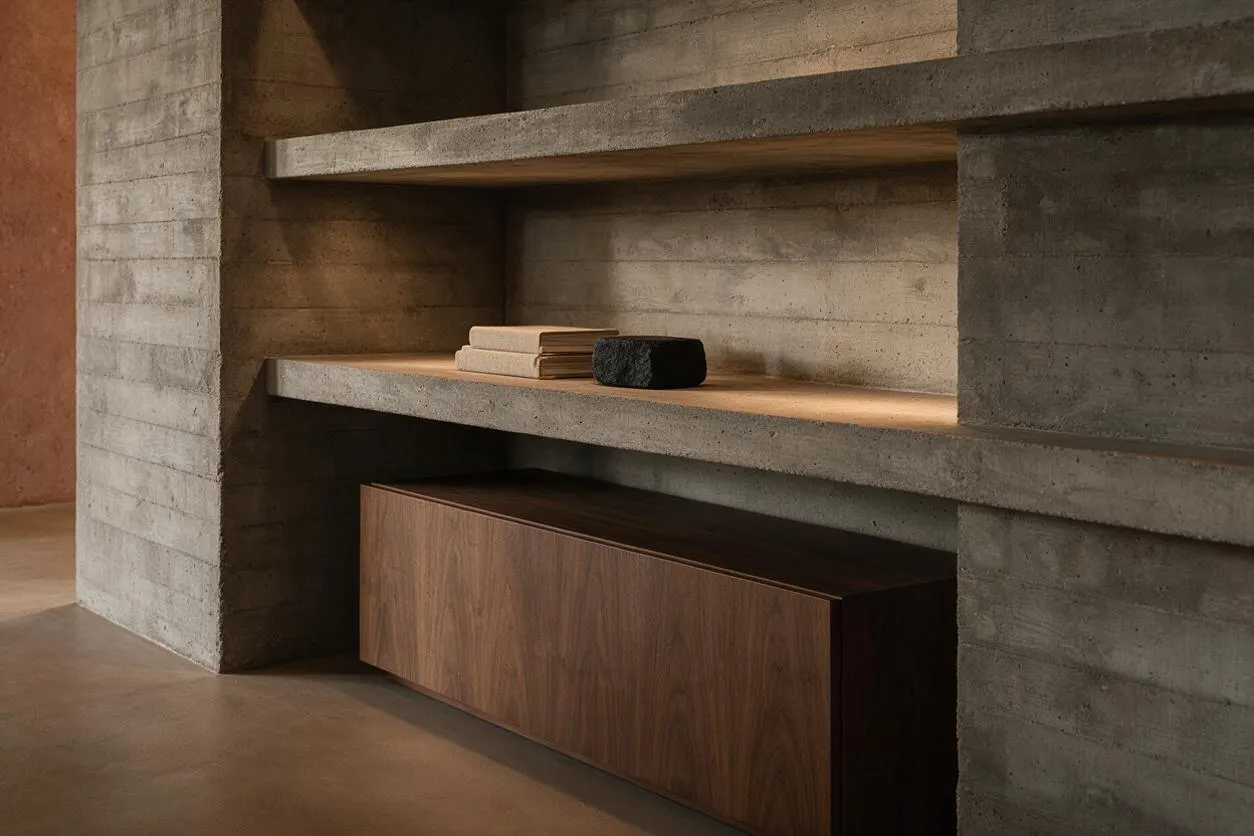 A Brutalist interior vignette featuring raw concrete built-in shelves and walls, with a long walnut cabinet beneath. A few books and a dark sculptural object sit on the middle shelf, while warm light highlights the textures of the concrete and wood.