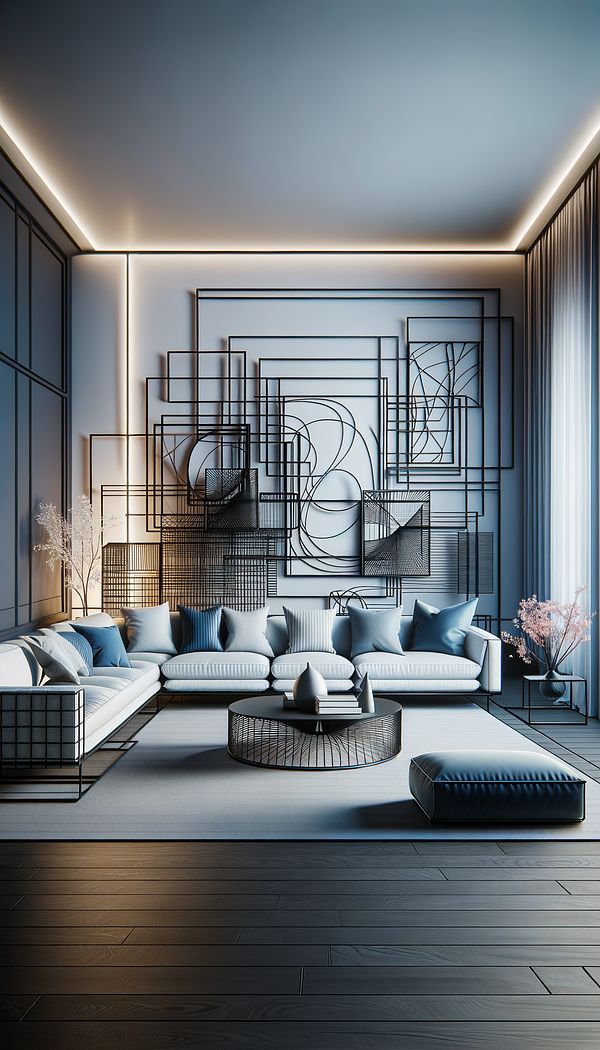A sleek, modern living room featuring thin, black metal frames around abstract art pieces on the wall, with a focus on how they complement the contemporary decor.