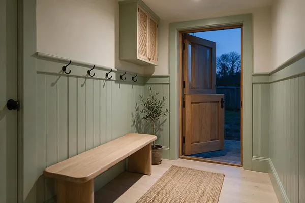 A calm mudroom with sage green wainscoting, cream walls, and a pale wood bench along one side. Black coat hooks run above the paneling, a woven natural-fiber rug lies on the light wood floor, and a small potted plant adds softness near a wood door open to the outdoors.