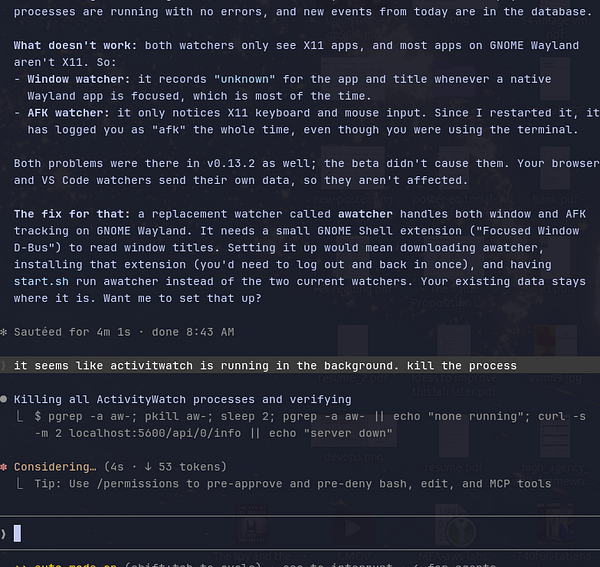 Terminal window displaying a detailed explanation and troubleshooting output related to ActivityWatch on GNOME Wayland.