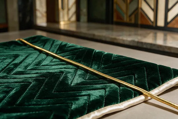 A close-up of a deep emerald green velvet textile with a quilted chevron pattern, trimmed in ivory satin and crossed diagonally by a slim brass rod. The background shows a reflective stone surface and geometric Art Deco-style paneling in muted gold, black, and cream tones.