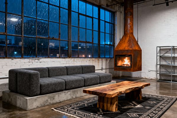 A moody industrial loft living room with rain-streaked factory windows, white-painted brick walls, and a polished concrete floor. A long, low gray modular sofa sits on a cast-concrete plinth opposite a suspended, rusted steel fireplace with a visible flame. A live-edge wood coffee table rests on a black-and-ivory patterned rug, with open metal shelving to the right and exposed conduits along the wall. Cool blue light from outside contrasts with the warm glow of the fire.