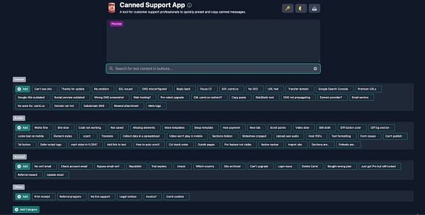 The image displays a user interface for the Canned Support App, showcasing a list of canned responses for customer support tasks.