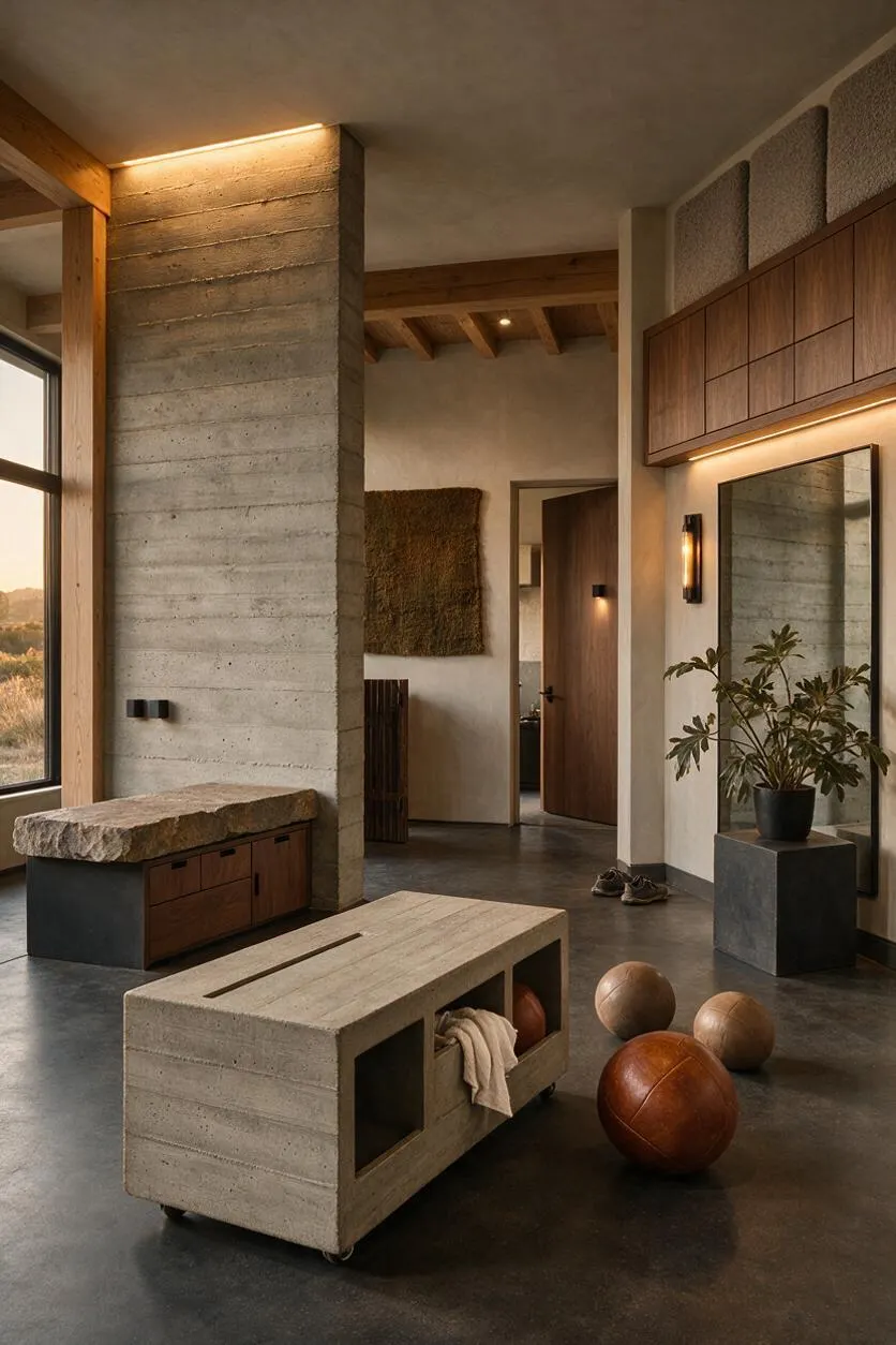 A minimalist home gym with a strong Brutalist feel, featuring a central concrete pillar, dark polished floor, and large wood-framed windows that bring in natural light. The space includes a concrete storage bench on casters, medicine balls on the floor, a wall mirror, wooden cabinetry with integrated lighting, and a potted plant for a softer organic contrast.