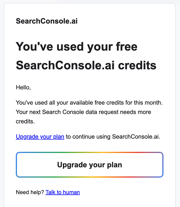 Screenshot of an email draft in Gmail to 18 recipients inviting them to upgrade after reaching free credits limit.
