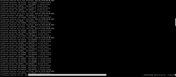 The image displays a terminal window running a script that processes GPS coordinates with a progress bar at the bottom.