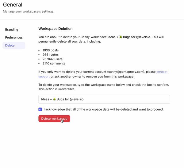 The image displays a workspace deletion interface for a Canny board.