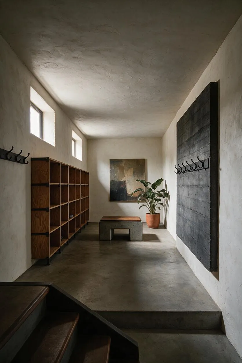 A narrow mudroom with textured white plaster walls, a concrete floor and bench, and warm wood cubbies along one side. Black metal hooks line both walls, a large dark panel anchors the right wall, and a potted plant and abstract artwork soften the stark Brutalist look.