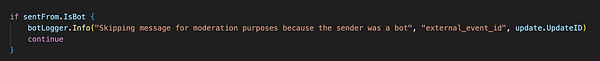 A code snippet that handles messages from bots in a moderation system.
