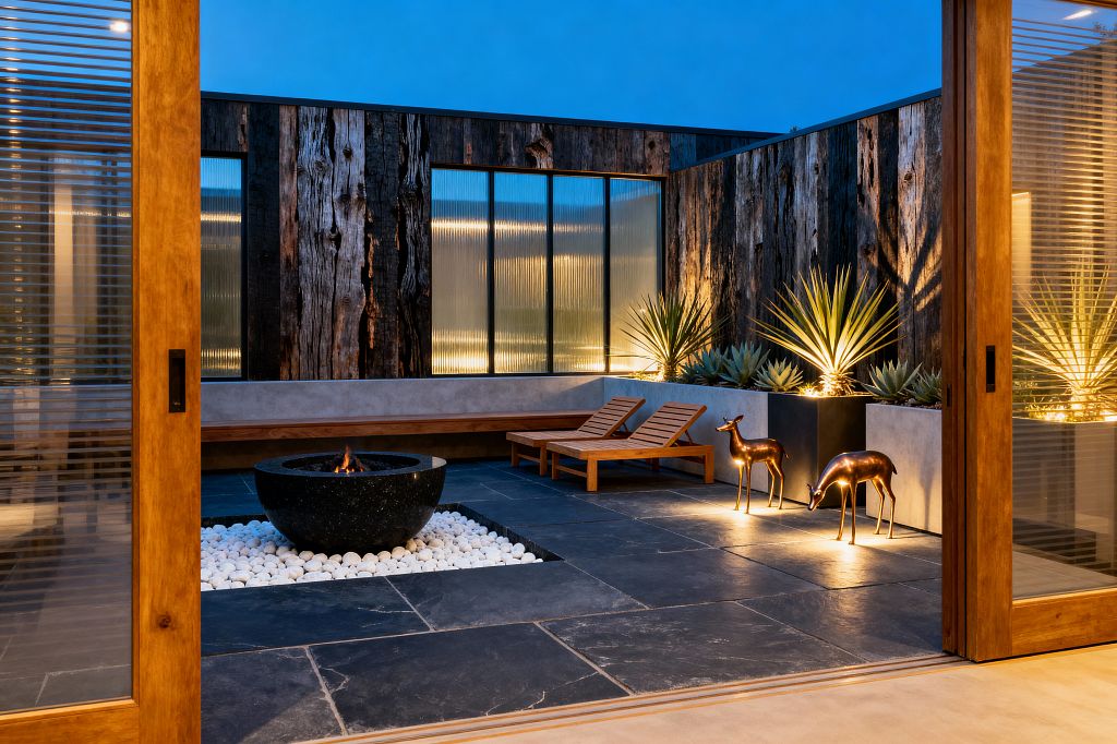 Evening view of a modern courtyard patio framed by wood sliding doors. The floor is paved with large charcoal slate tiles. At the center is a round black stone fire bowl set on white river pebbles. A long concrete bench with a wood seat runs along the wall beside two teak lounge chairs. The walls are clad in charred wood with backlit fluted-glass windows. Uplights highlight sculptural agave plants and two small bronze deer figures.