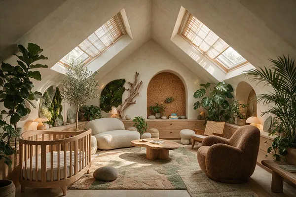 A warm biophilic nursery with a curved wooden crib, soft rounded seating, a low wooden coffee table, and abundant indoor plants placed around the room. Skylight windows, arched wall niches, natural woven textures, and earthy beige and green tones create a serene, organic atmosphere.