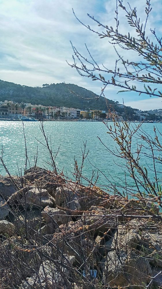 A couple hiking on a rocky cliffside with mountainous scenery in the background during a sunny day.