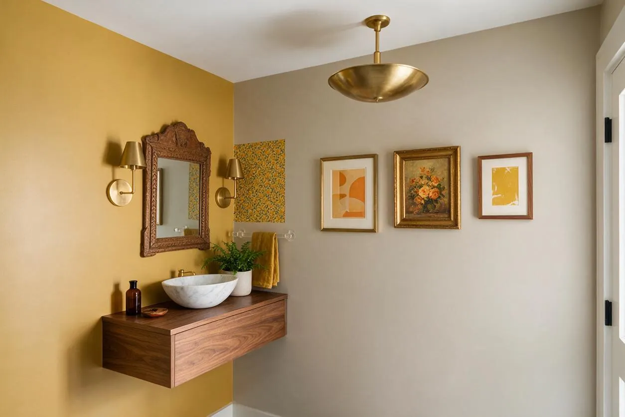 A compact powder room with a floating walnut vanity, white vessel sink, and carved wood mirror on a mustard accent wall. The opposite wall is soft beige and displays framed artwork, while brass sconces and a dome ceiling light add warm metallic touches.