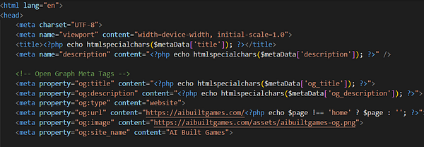 The image displays a code snippet for generating dynamic meta tags in HTML.