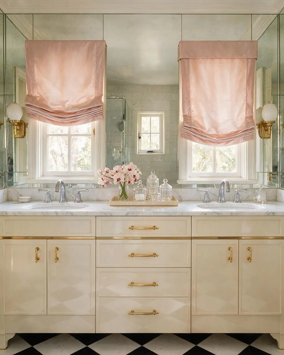 A Hollywood Regency master bathroom with a large double vanity in creamy lacquered cabinetry, marble countertops, and polished brass hardware. Two windows are framed by blush pink Roman shades, with mirrored walls, twin sinks, and black-and-white checkered flooring adding glamour and symmetry.