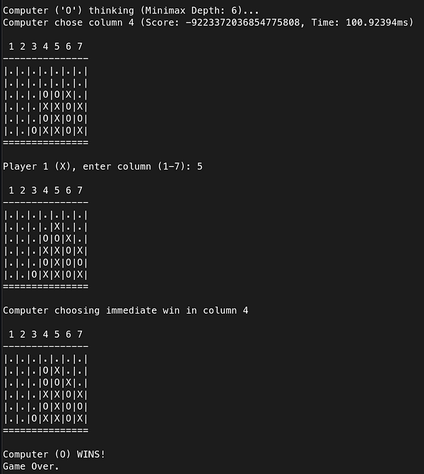 The image displays a terminal interface showing a game of Connect Four between a computer and a player.