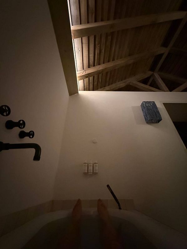 A serene bathroom scene featuring a bathtub and wooden ceiling.