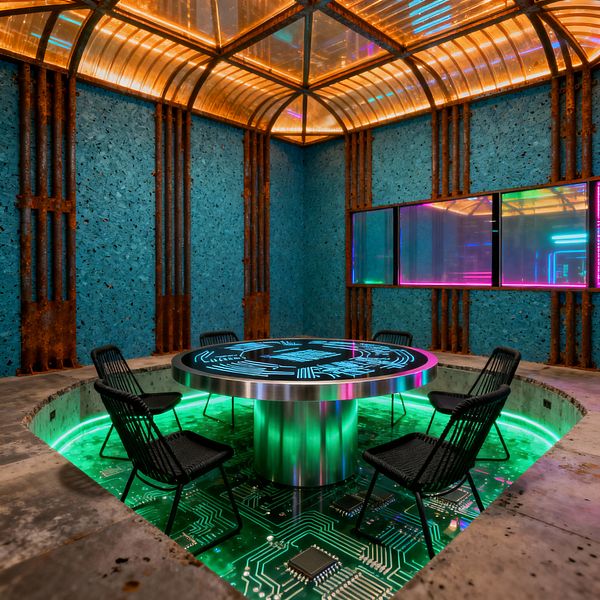 A sunken dining area features a round brushed-metal pedestal table with a glowing glass top displaying a circuit-board graphic. Six black woven metal chairs surround the table above a luminous green glass floor printed with circuitry. The walls are textured turquoise with vertical rusted pipes, and a barrel-vault ceiling of translucent panels glows amber. A wide window with magenta-to-cyan gradient tint reflects neon tones, creating an industrial, high-tech atmosphere.