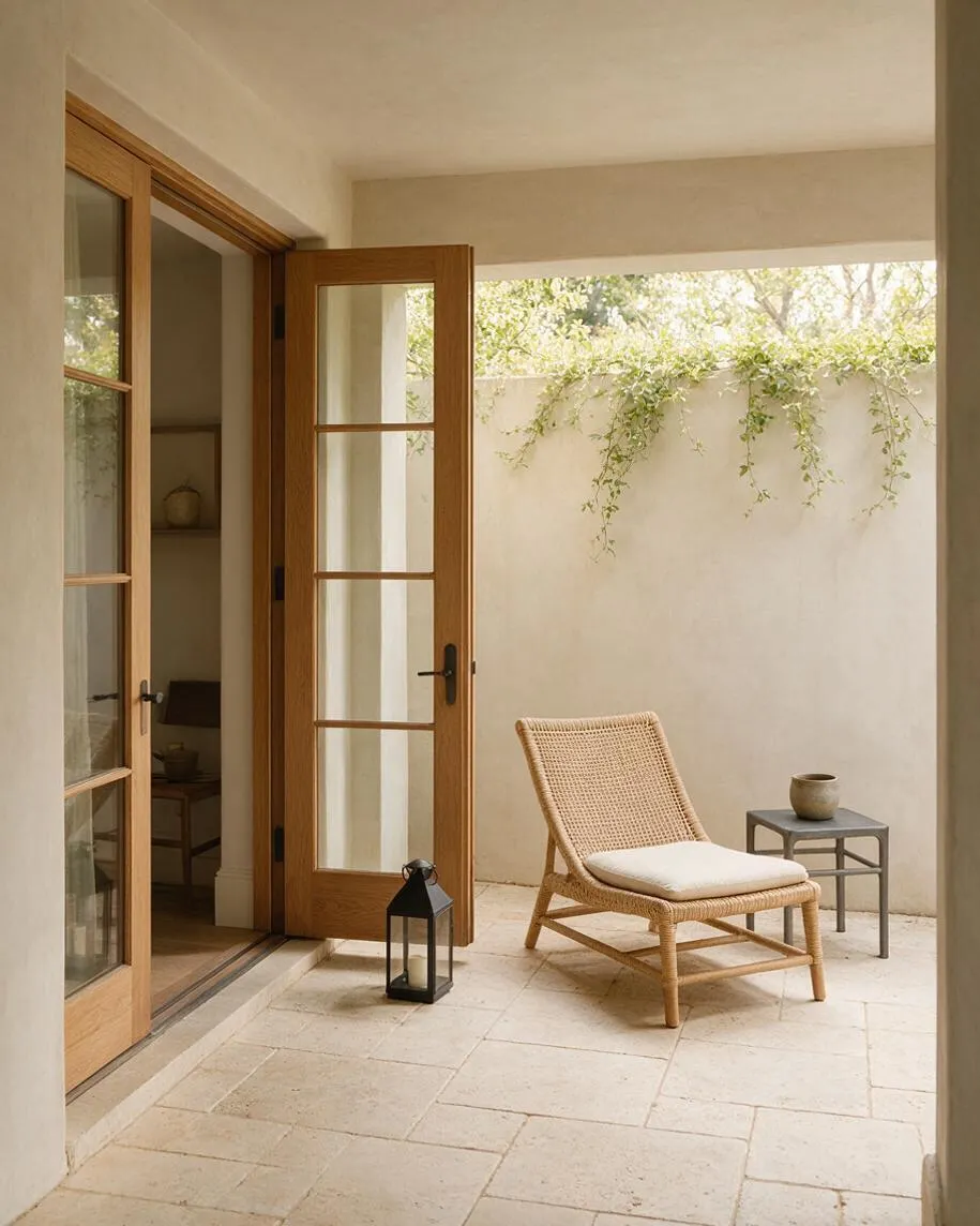 A serene transitional courtyard with tall wood-framed French doors opening to a pale stone patio. A woven lounge chair with a light cushion sits beside a small metal side table and a black lantern, while soft greenery drapes over a smooth stucco wall.