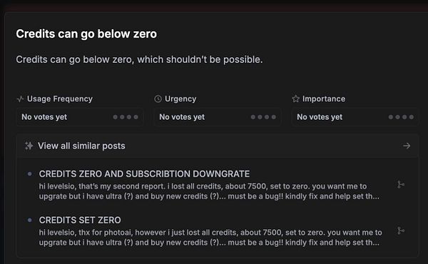 The image displays a user interface discussing issues related to credit balances in a system.