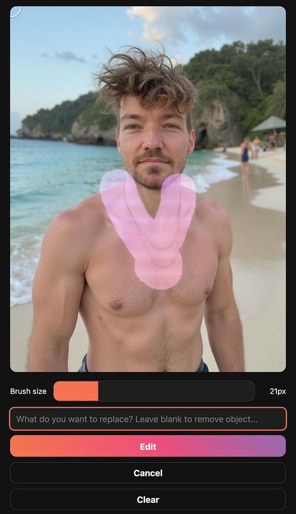 A man stands on a beach with a digital mask overlay on his chest, indicating an area for inpainting.
